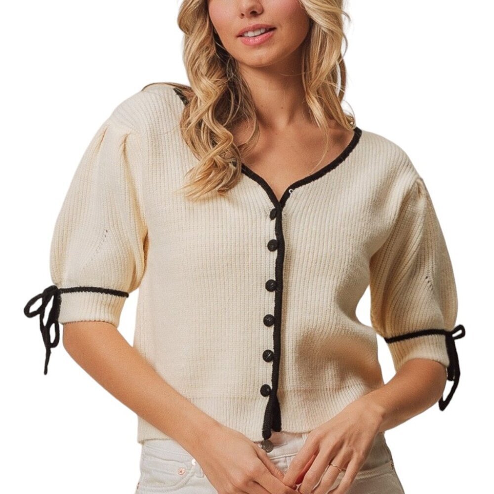 BiBi White Cardigan Black Bow and Button Detailing Button Down